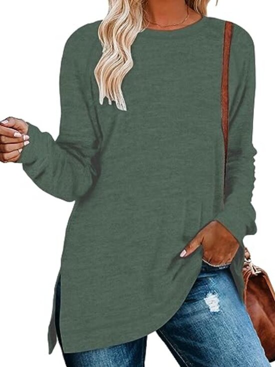 Pants - 🆕 Women Crewneck Sweatshirt Long Sleeve Pullover Fashion Side Slit Tunic Tops